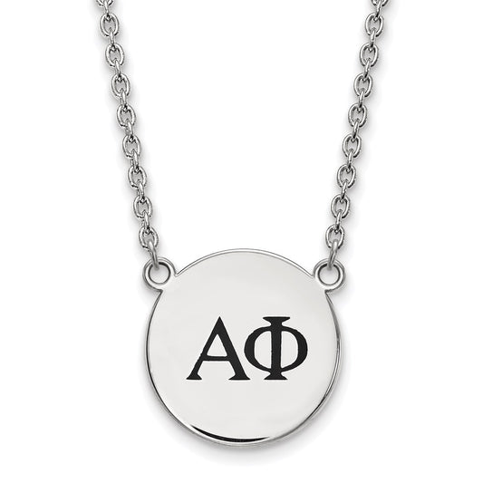 Sterling Silver Rhodium Plated Logoart Alpha Phi Sorority Greek Letters Large Black Enamel Pendant 18 Inch Necklace