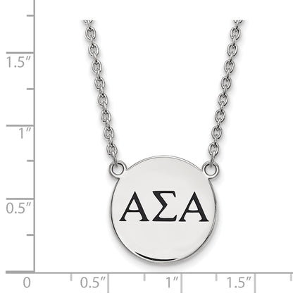 Sterling Silver Rhodium Plated Logoart Alpha Sigma Sorority Greek Letters Large Black Enamel Pendant 18 Inch Necklace