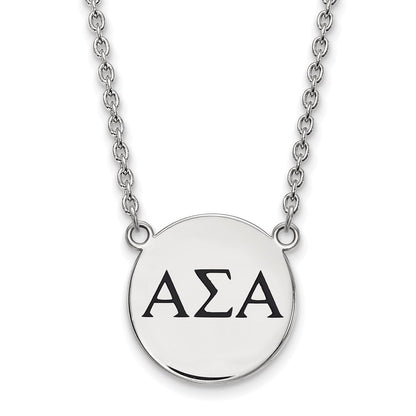 Sterling Silver Rhodium Plated Logoart Alpha Sigma Sorority Greek Letters Large Black Enamel Pendant 18 Inch Necklace
