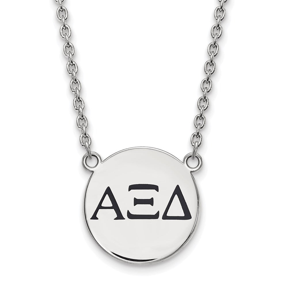 Sterling Silver Rhodium Plated Logoart Alpha Xi Delta Sorority Greek Letters Large Black Enamel Pendant 18 Inch Necklace