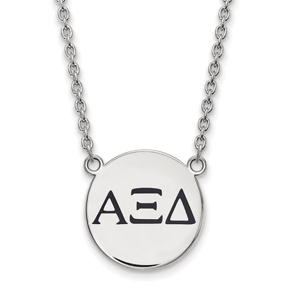 Sterling Silver Rhodium Plated Logoart Alpha Xi Delta Sorority Greek Letters Large Black Enamel Pendant 18 Inch Necklace