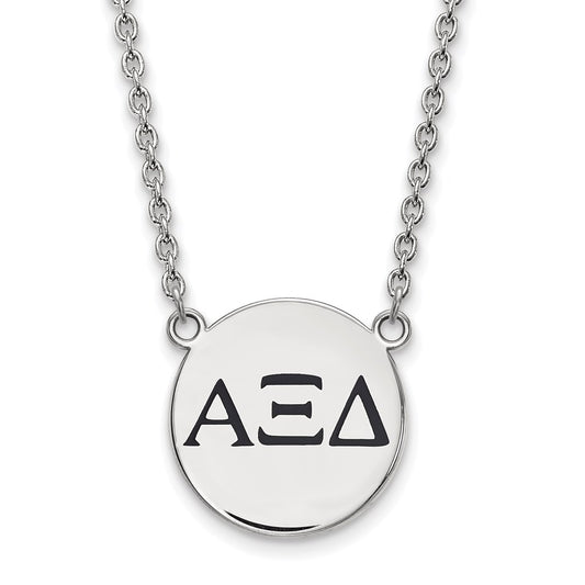 Sterling Silver Rhodium Plated Logoart Alpha Xi Delta Sorority Greek Letters Large Black Enamel Pendant 18 Inch Necklace