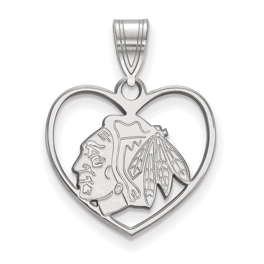 Sterling Silver Rhodium Plated Nhl Logoart Chicago Blackhawks Heart Pendant