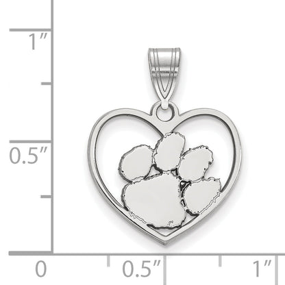 Sterling Silver Rhodium Plated Logoart Clemson University Tiger Paw Heart Pendant