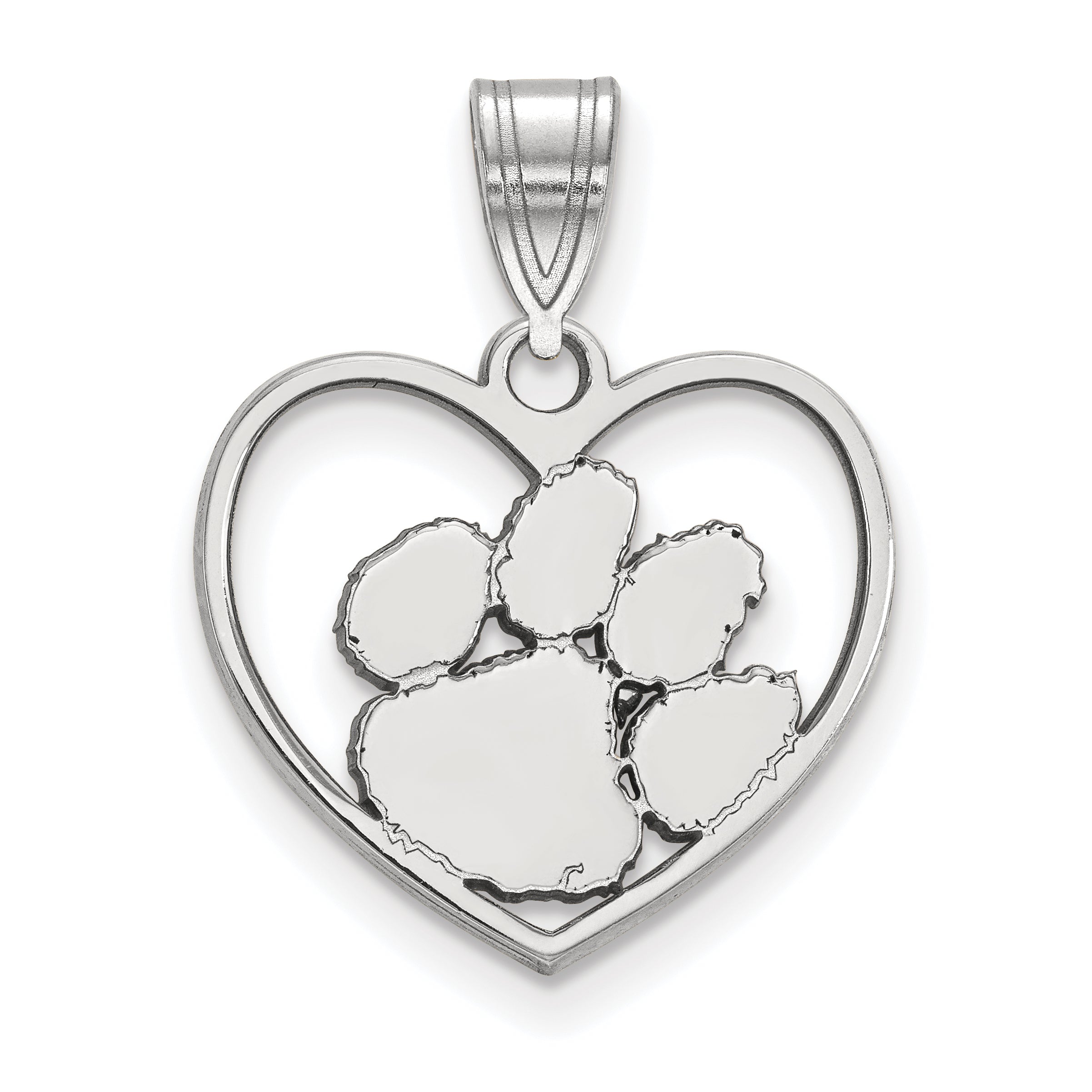 Sterling Silver Rhodium Plated Logoart Clemson University Tiger Paw Heart Pendant