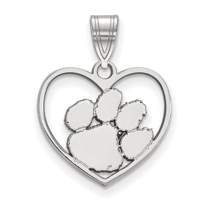 Sterling Silver Rhodium Plated Logoart Clemson University Tiger Paw Heart Pendant