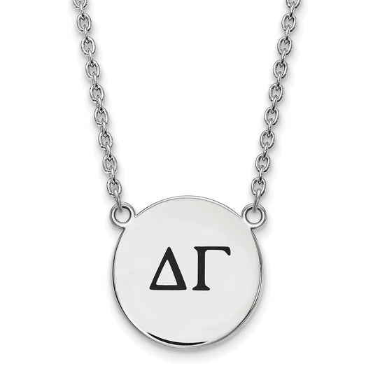Sterling Silver Rhodium Plated Logoart Delta Gamma Sorority Greek Letters Large Black Enamel Pendant 18 Inch Necklace