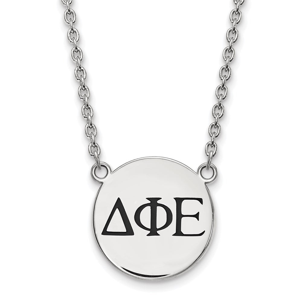 Sterling Silver Rhodium Plated Logoart Delta Phi Epsilon Sorority Greek Letters Large Black Enamel Pendant 18 Inch Necklace