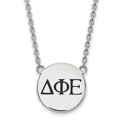 Sterling Silver Rhodium Plated Logoart Delta Phi Epsilon Sorority Greek Letters Large Black Enamel Pendant 18 Inch Necklace