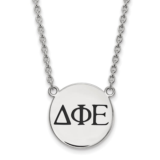 Sterling Silver Rhodium Plated Logoart Delta Phi Epsilon Sorority Greek Letters Large Black Enamel Pendant 18 Inch Necklace