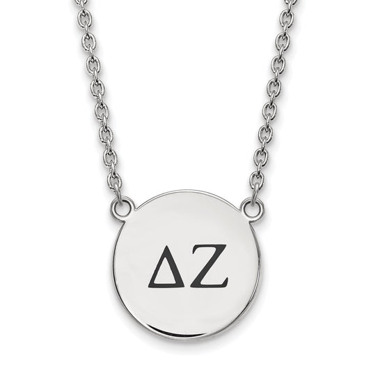 Sterling Silver Rhodium Plated Logoart Delta Zeta Sorority Greek Letters Large Black Enamel Pendant 18 Inch Necklace
