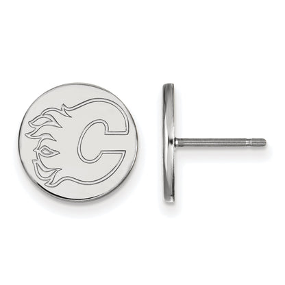 Sterling Silver Rhodium Plated Nhl Logoart Calgary Flames Small Disc Post Earrings