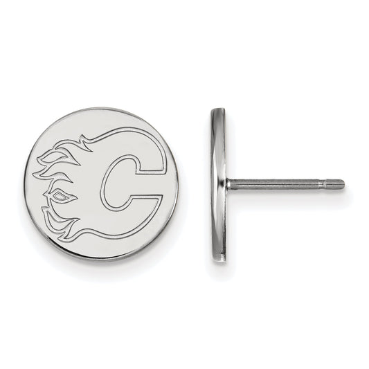Sterling Silver Rhodium Plated Nhl Logoart Calgary Flames Small Disc Post Earrings