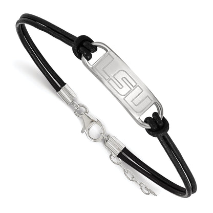 Sterling Silver Rhodium Plated Logoart Louisiana State University L S U Small Center Black Leather 7 Inch Bracelet With Extender