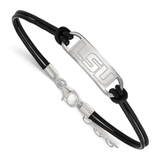 Sterling Silver Rhodium Plated Logoart Louisiana State University L S U Small Center Black Leather 7 Inch Bracelet With Extender
