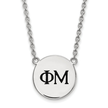 Sterling Silver Rhodium Plated Logoart Phi Mu Sorority Greek Letters Small Black Enamel Pendant 18 Inch Necklace