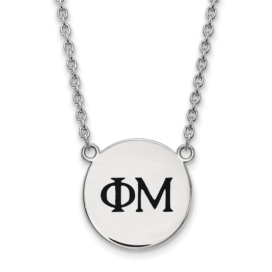 Sterling Silver Rhodium Plated Logoart Phi Mu Sorority Greek Letters Small Black Enamel Pendant 18 Inch Necklace