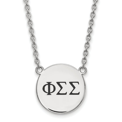 Sterling Silver Rhodium Plated Logoart Phi Sigma Sorority Greek Letters Large Black Enamel Pendant 18 Inch Necklace