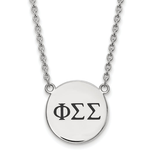 Sterling Silver Rhodium Plated Logoart Phi Sigma Sorority Greek Letters Large Black Enamel Pendant 18 Inch Necklace