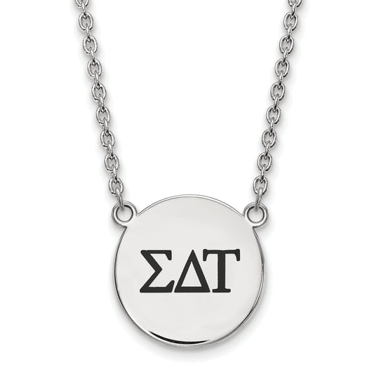 Sterling Silver Rhodium Plated Logoart Sigma Delta Tau Sorority Greek Letters Large Black Enamel Pendant 18 Inch Necklace