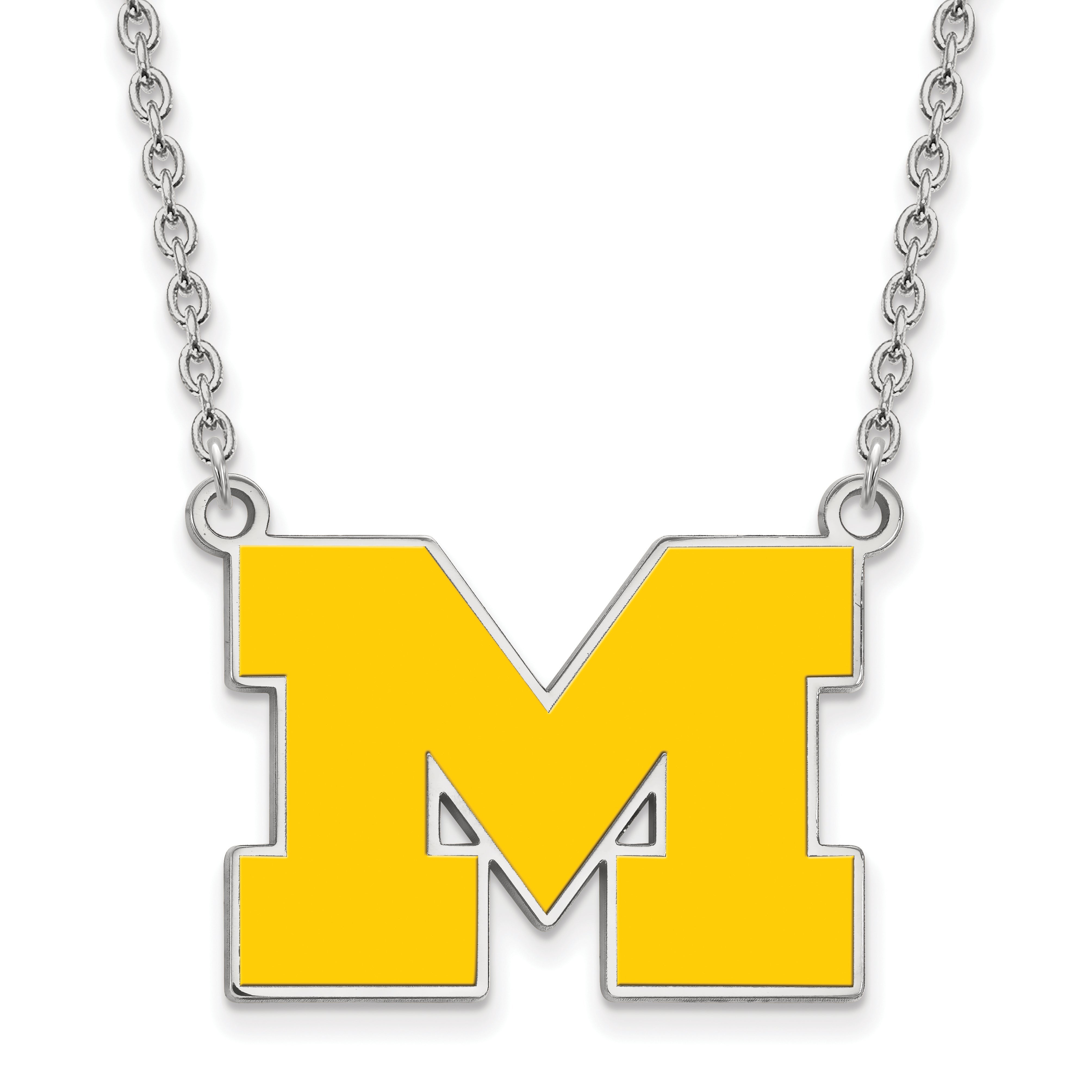 Sterling Silver Rhodium Plated Logoart University Of Michigan Letter M Large Yellow Enameled Pendant 18 Inch Necklace