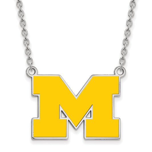 Sterling Silver Rhodium Plated Logoart University Of Michigan Letter M Large Yellow Enameled Pendant 18 Inch Necklace