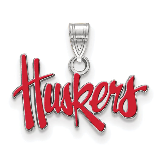 Sterling Silver Rhodium Plated Logoart University Of Nebraska Huskers Small Enameled Pendant