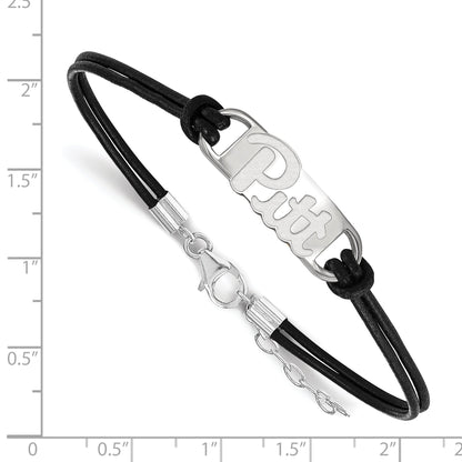Sterling Silver Rhodium Plated Logoart University Of Pittsburgh Small Center Black Leather 7 Inch Bracelet With Extender