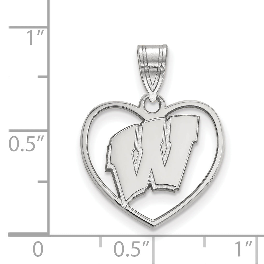 Sterling Silver Rhodium Plated Logoart University Of Wisconsin Heart Pendant