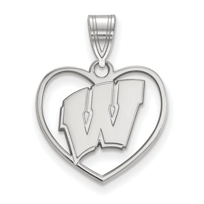 Sterling Silver Rhodium Plated Logoart University Of Wisconsin Heart Pendant