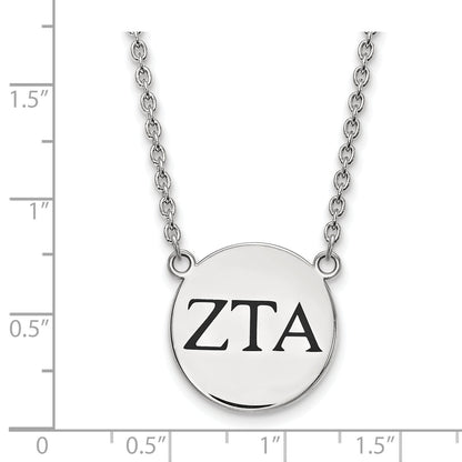 Sterling Silver Rhodium Plated Logoart Zeta Tau Alpha Sorority Greek Letters Large Black Enamel Pendant 18 Inch Necklace