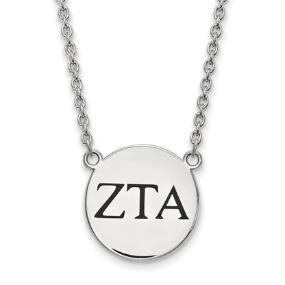Sterling Silver Rhodium Plated Logoart Zeta Tau Alpha Sorority Greek Letters Large Black Enamel Pendant 18 Inch Necklace
