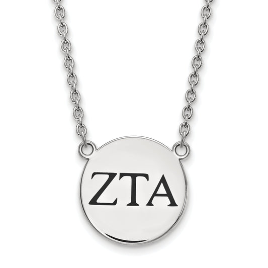 Sterling Silver Rhodium Plated Logoart Zeta Tau Alpha Sorority Greek Letters Large Black Enamel Pendant 18 Inch Necklace