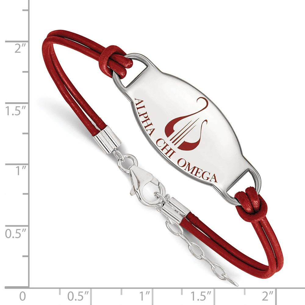 Sterling Silver Rhodium Plated Logoart Alpha Chi Omega Sorority Symbol Color Enamel Leather 7 Inch Bracelet With Extender