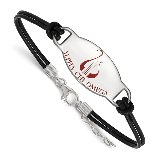 Sterling Silver Rhodium Plated Logoart Alpha Chi Omega Sorority Symbol Color Enamel Black Leather 7 Inch Bracelet With Extender