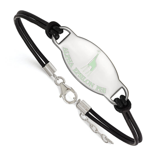 Sterling Silver Rhodium Plated Logoart Alpha Epsilon Phi Sorority Symbol Color Enamel Leather 7 Inch Bracelet With Extender