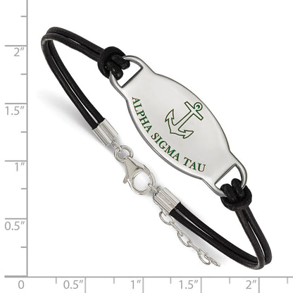 Sterling Silver Rhodium Plated Logoart Alpha Sigma Tau Sorority Symbol Color Enamel Black Leather 7 Inch Bracelet With Extender