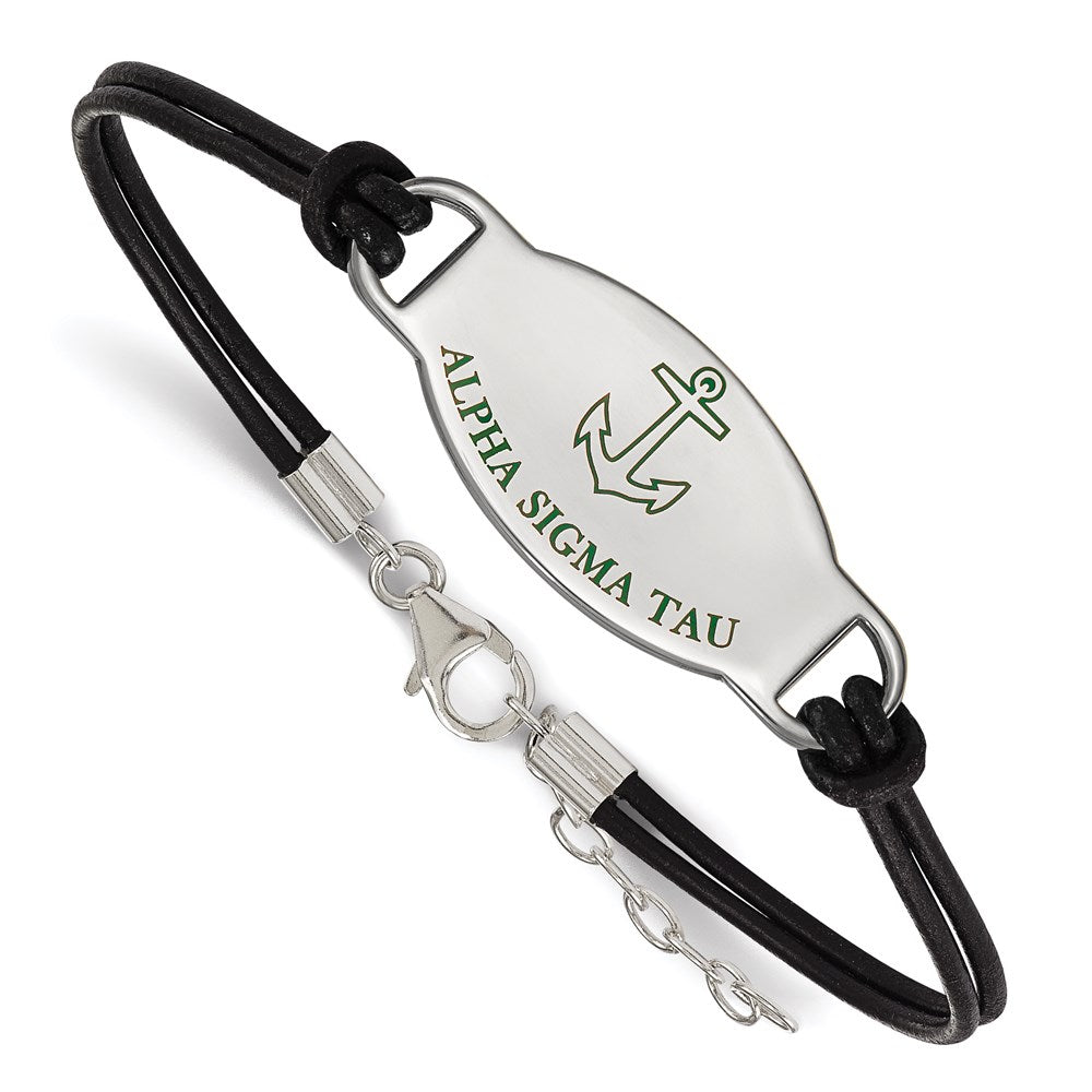 Sterling Silver Rhodium Plated Logoart Alpha Sigma Tau Sorority Symbol Color Enamel Black Leather 7 Inch Bracelet With Extender