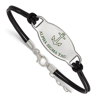 Sterling Silver Rhodium Plated Logoart Alpha Sigma Tau Sorority Symbol Color Enamel Black Leather 7 Inch Bracelet With Extender
