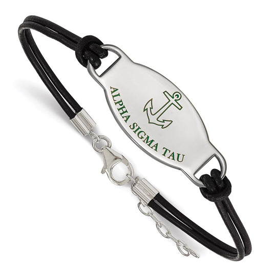 Sterling Silver Rhodium Plated Logoart Alpha Sigma Tau Sorority Symbol Color Enamel Black Leather 7 Inch Bracelet With Extender