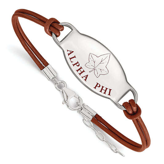 Sterling Silver Rhodium Plated Logoart Alpha Phi Sorority Symbol Color Enamel Leather 7 Inch Bracelet With Extender