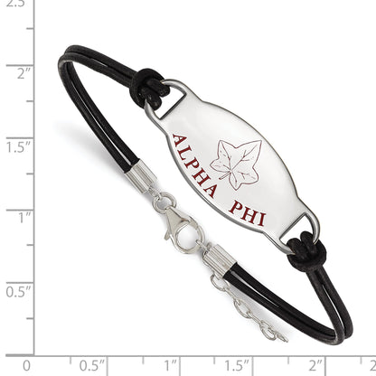 Sterling Silver Rhodium Plated Logoart Alpha Phi Sorority Symbol Color Enamel Black Leather 7 Inch Bracelet With Extender