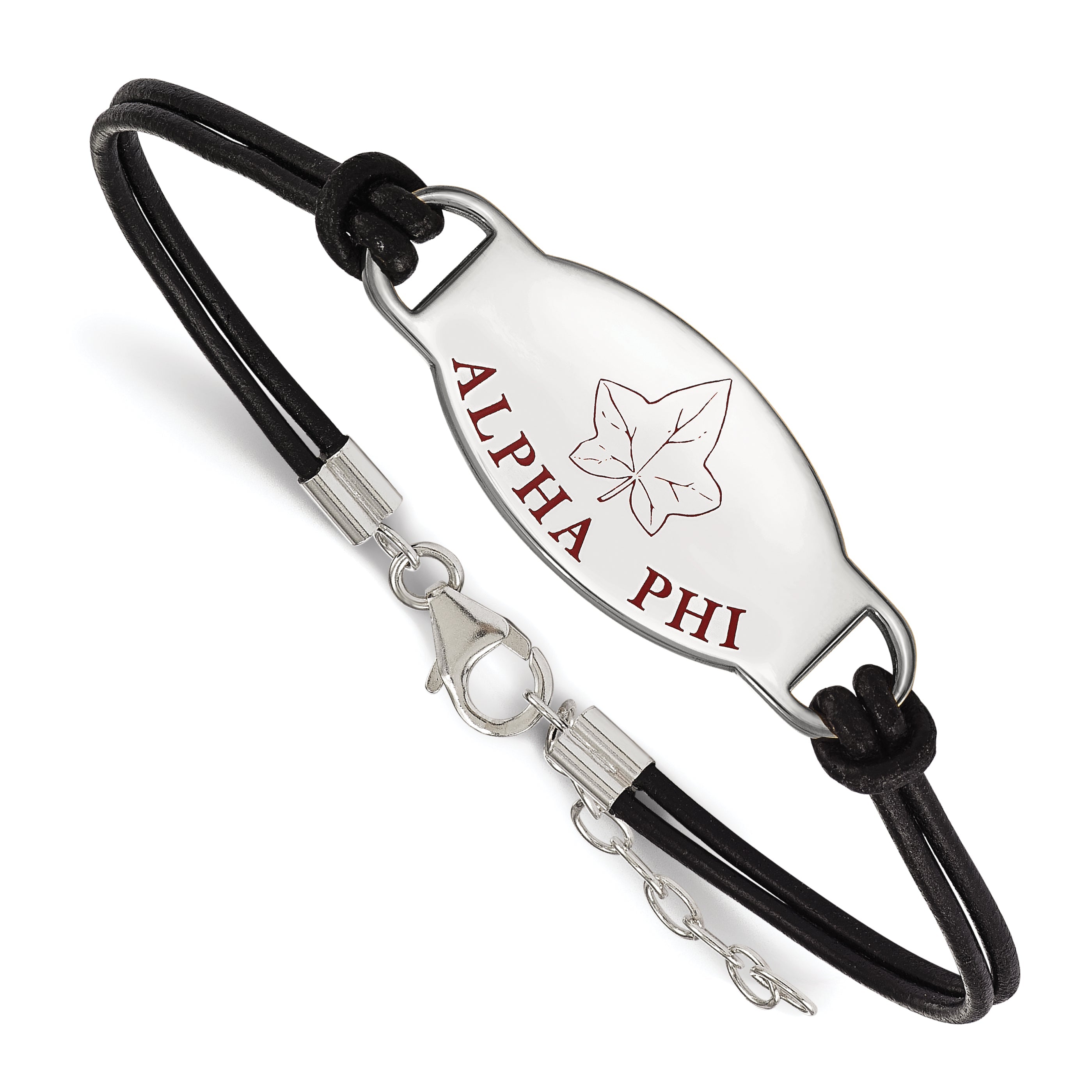 Sterling Silver Rhodium Plated Logoart Alpha Phi Sorority Symbol Color Enamel Black Leather 7 Inch Bracelet With Extender