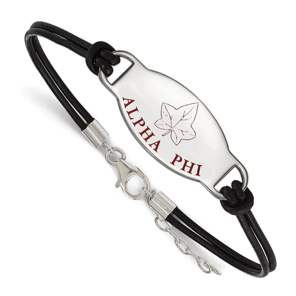 Sterling Silver Rhodium Plated Logoart Alpha Phi Sorority Symbol Color Enamel Black Leather 7 Inch Bracelet With Extender