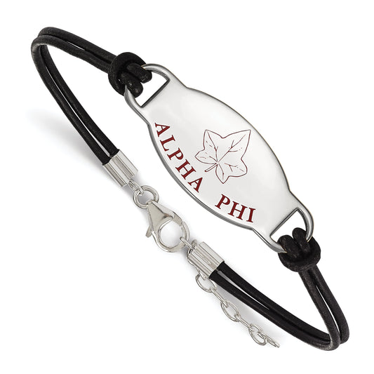Sterling Silver Rhodium Plated Logoart Alpha Phi Sorority Symbol Color Enamel Black Leather 7 Inch Bracelet With Extender