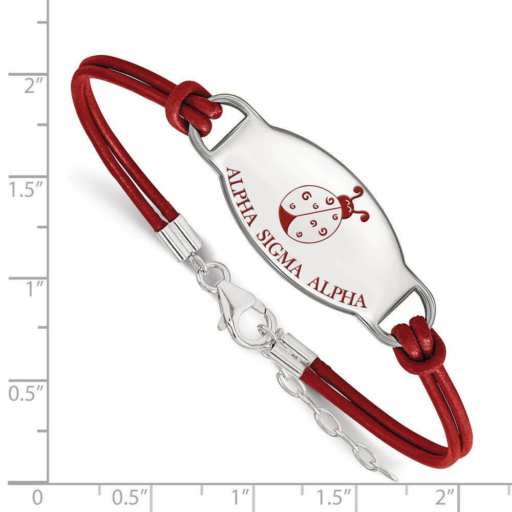Sterling Silver Rhodium Plated Logoart Alpha Sigma Sorority Symbol Color Enamel Leather 7 Inch Bracelet With Extender