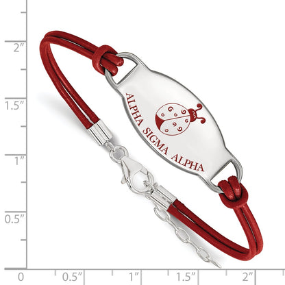 Sterling Silver Rhodium Plated Logoart Alpha Sigma Sorority Symbol Color Enamel Leather 7 Inch Bracelet With Extender
