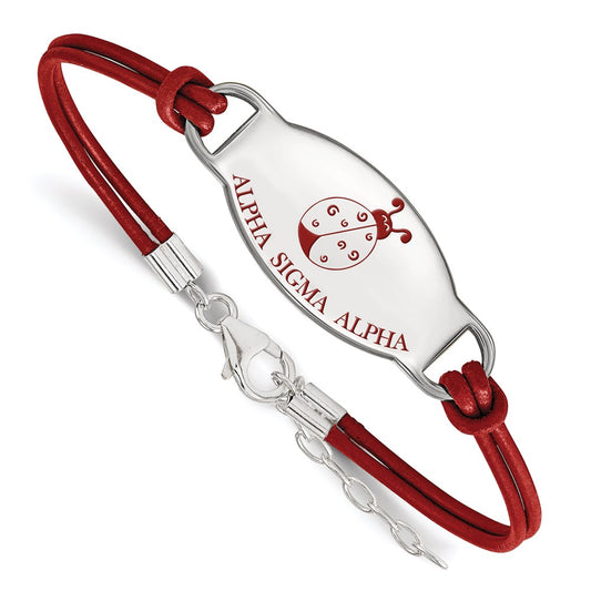 Sterling Silver Rhodium Plated Logoart Alpha Sigma Sorority Symbol Color Enamel Leather 7 Inch Bracelet With Extender