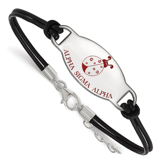 Sterling Silver Rhodium Plated Logoart Alpha Sigma Sorority Symbol Color Enamel Black Leather 7 Inch Bracelet With Extender