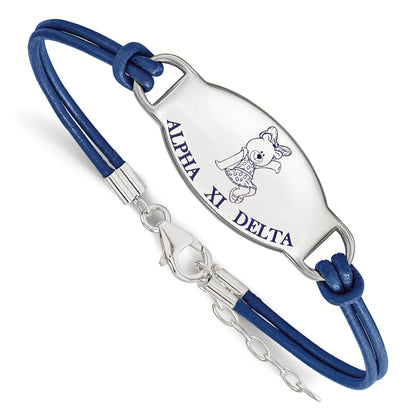 Sterling Silver Rhodium Plated Logoart Alpha Xi Delta Sorority Symbol Color Enamel Leather 7 Inch Bracelet With Extender